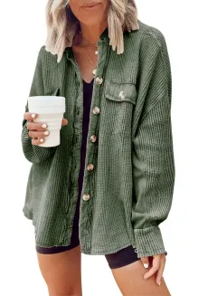 Button Shirt Jacket Women Lapel Long Sleeve Blouse Fashion Jacket Tops - Light Green - View 1