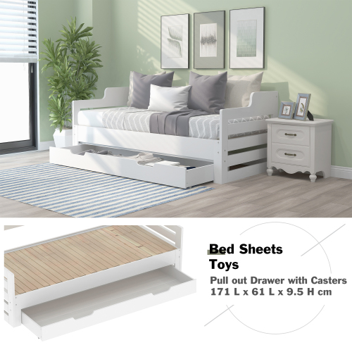 White Solid Wood Day Bed with Pull-Out Trundle and Storage Drawer