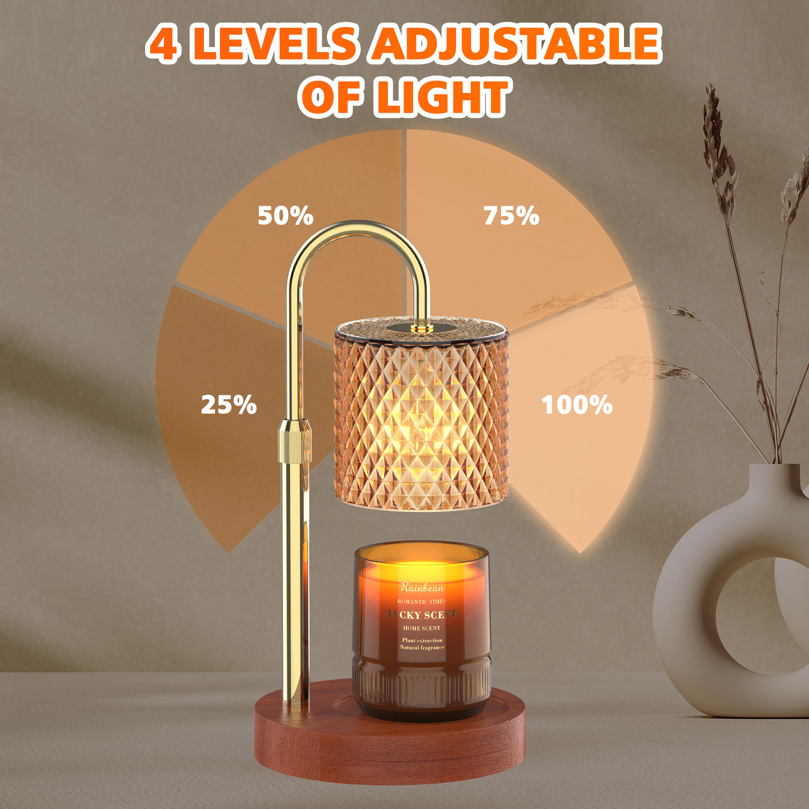 Adjustable Height Electric Candle Warmer Lamp. Timable Candle Warmer Lamp Newly upgraded candle warmer lamp with timer button, there are 3 kinds of time can be set: 2H/4H/8H. In timed mode, you can do your own thing without worrying about it, and the cand