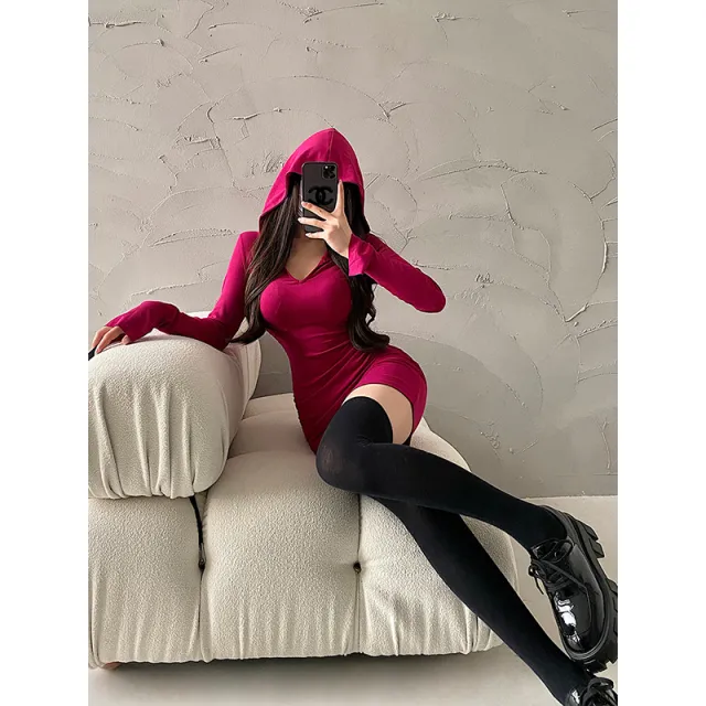 Hooded Long Sleeve Bottom Dress Dragon Fruit Color - Shop at LoveMi