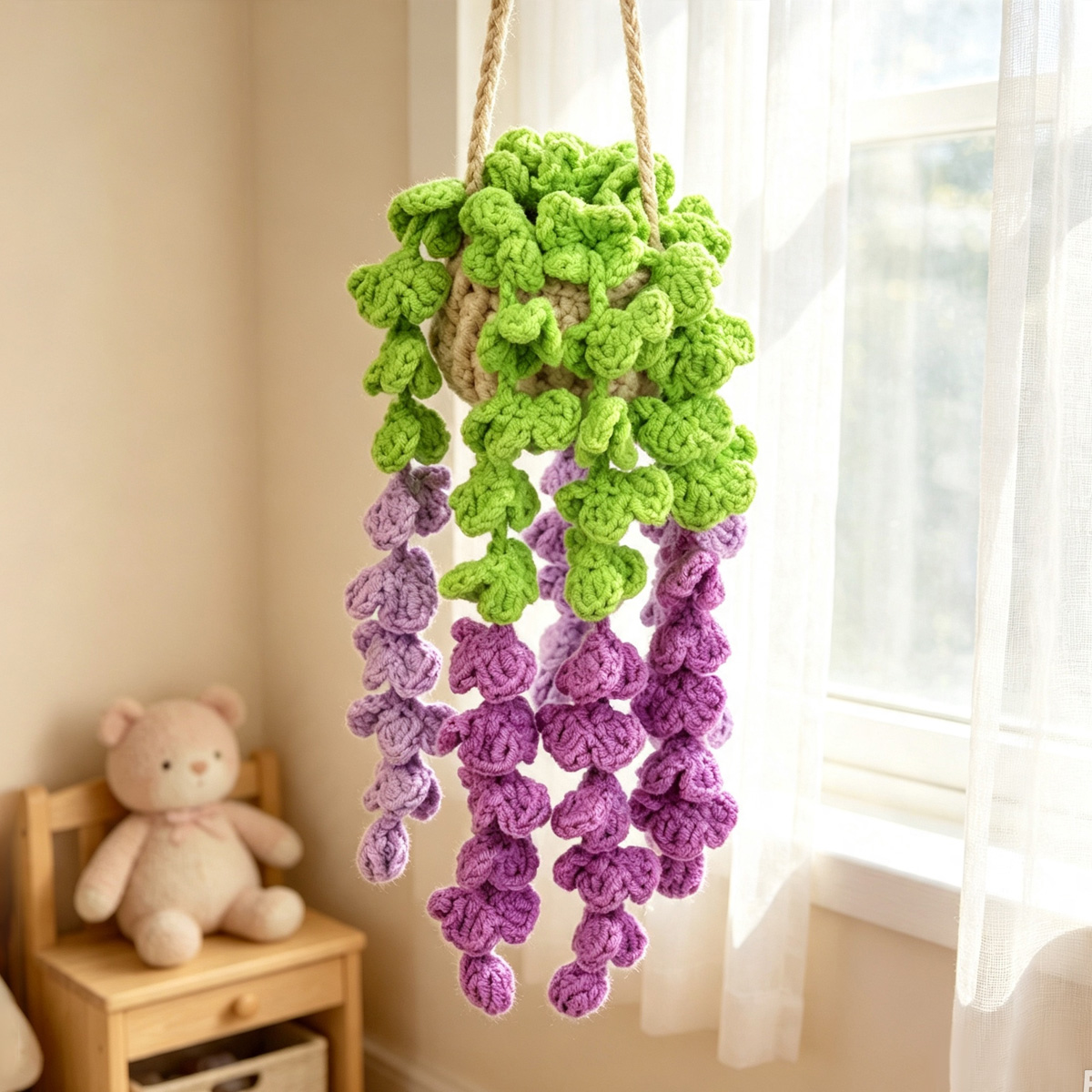 Handmade Crochet Assorted Color Hanging Wisteria Potted Ornament Everlasting Soft Yarn Crochet Blossom Indoor Home Hanging Decor