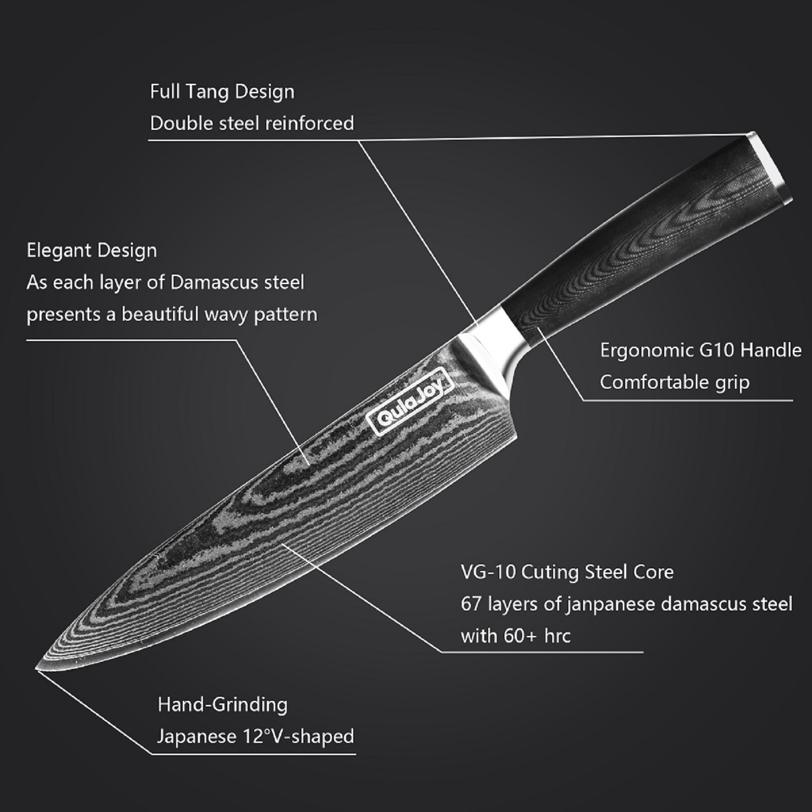 Qulajoy 8 Inch Chef Knife, Ultra Sharp Japanese Damascus VG-10 Blade, Professional Kitchen Knife With Ergonomic G10 Handle And Sheath