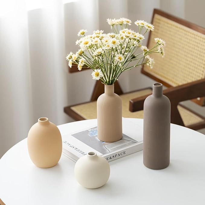 4 Piece Modern Ceramic Vase Set In Neutral Colors For Home Shelf Table Decor And Gifts