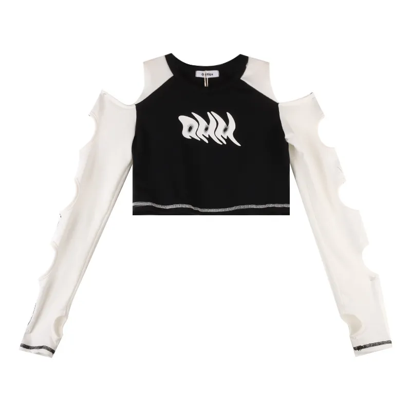 Spicy Girl Design Cut-out Off Shoulder T-Shirt - Black