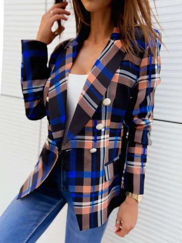 New Style Long Sleeve Double Breasted Fashionable Printed Coat Women Blue - Shop at LoveMi