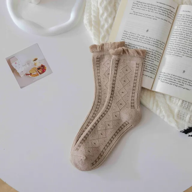Socks Female Coffee Color System Wool Ring Plaid Towel Casual Thickened Warm Mid tube Socks Ringer - Shop at LoveMi