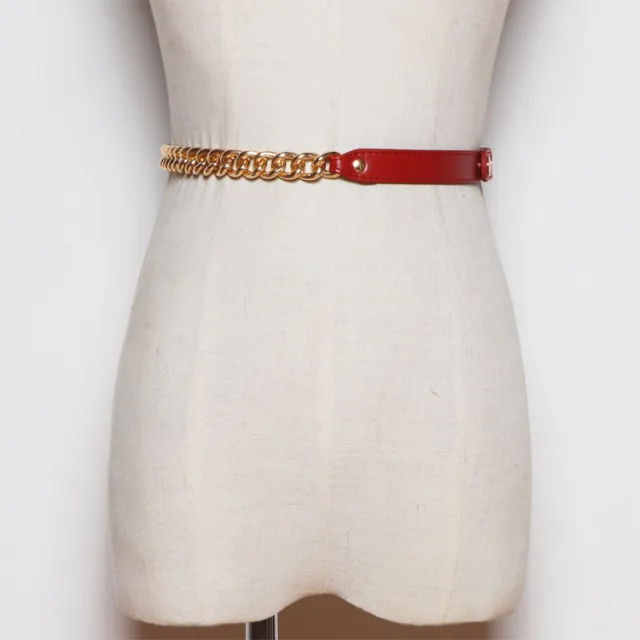Metal Chain Stitching PU Leather Belt Female Wild Belt Decoration Dress Shirt Waist Chain Red - Shop at LoveMi