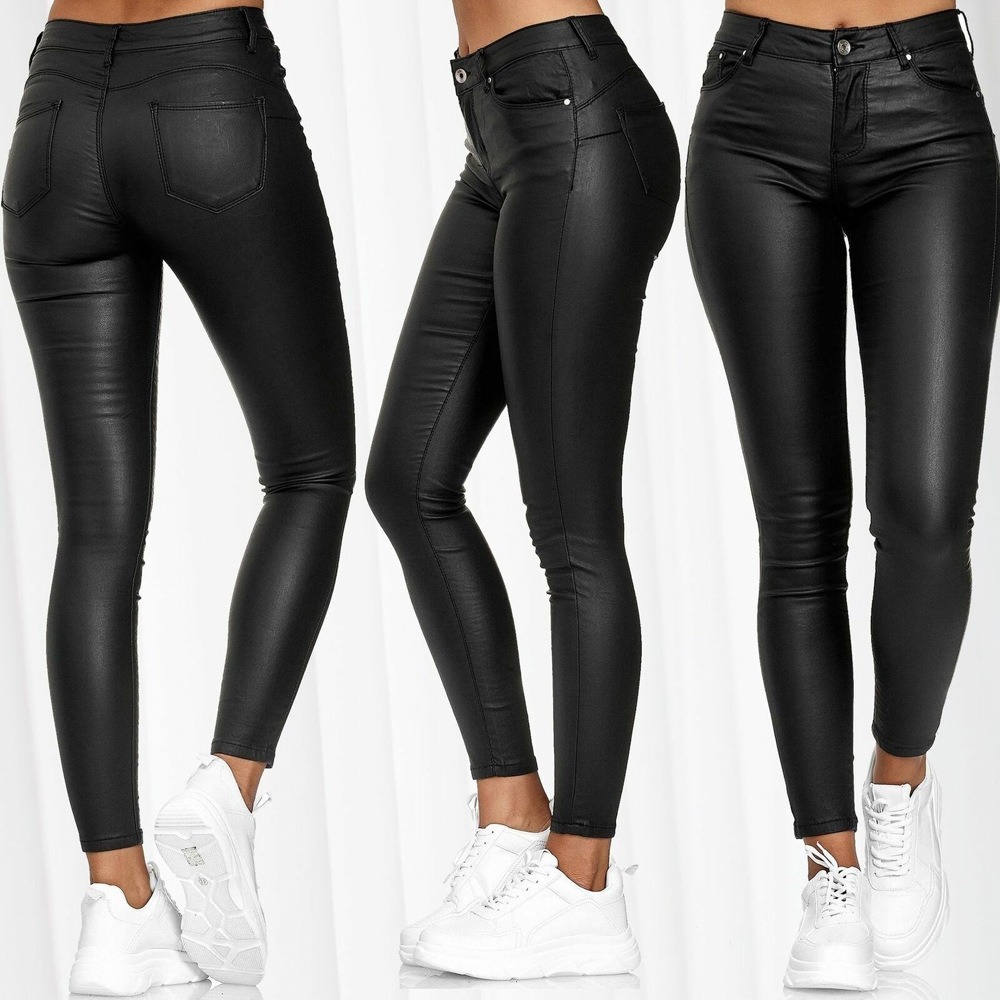 Solid Color Slim Fit PU Leather Casual Pants, Skinny Ankle-Length Trousers