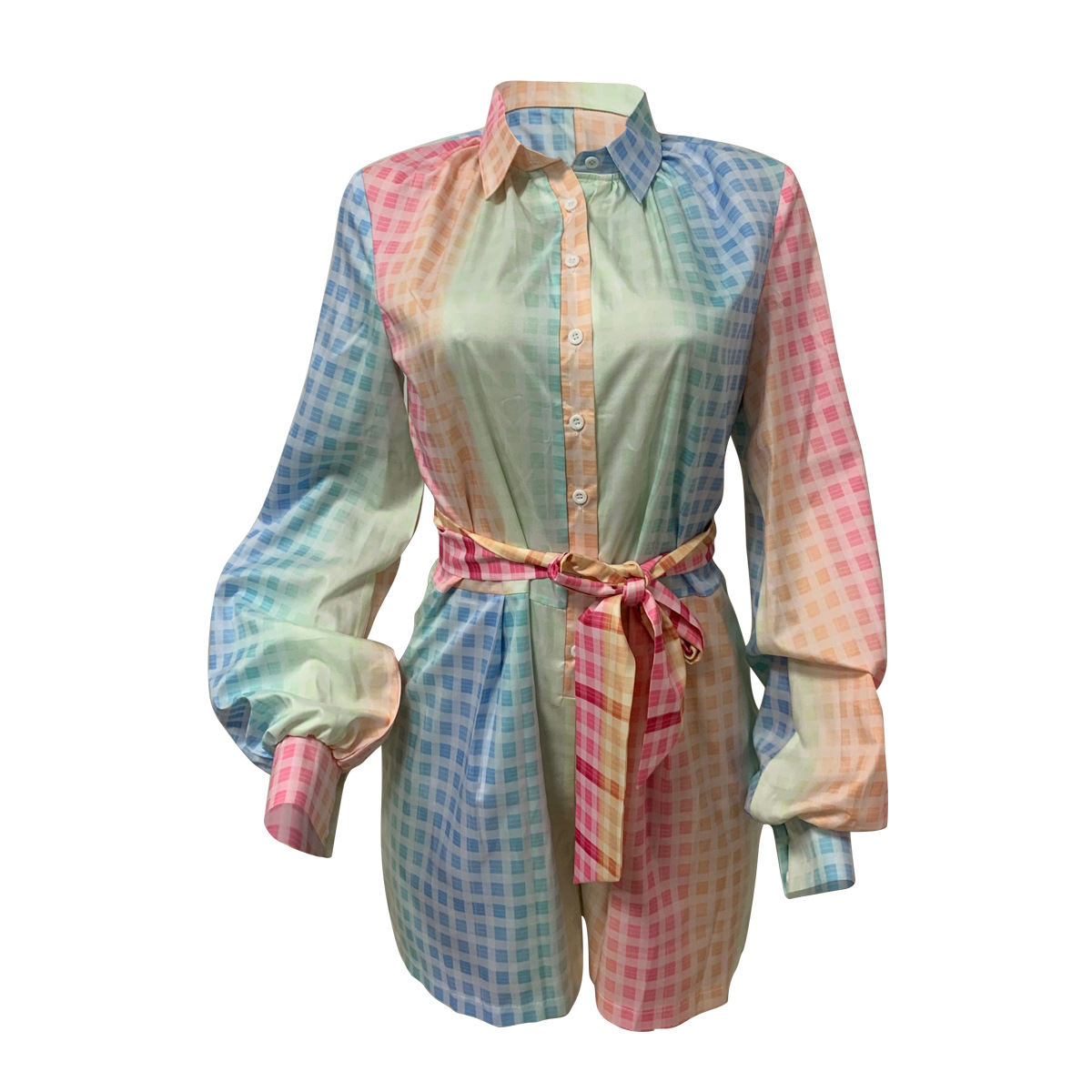 Women's Cardigan Lapel Plaid Positioning Print Lantern Sleeve Jumpsuit Shorts