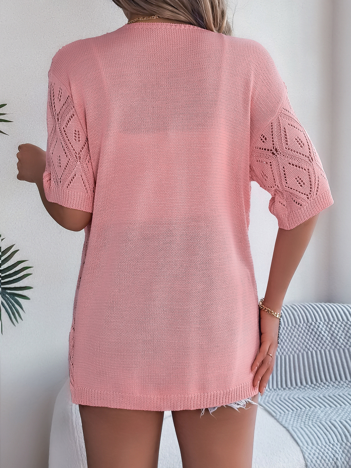 Women S Hollow Out Plaid Short Sleeve Knit Beach Cover-Up