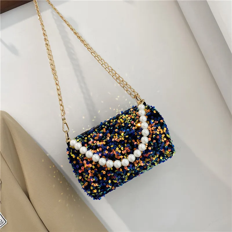 Summer Women's Fashionable Sequined Chain Shoulder Bag - Black