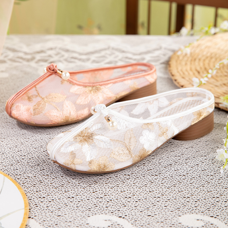 Summer Mesh Embroidered Mules For Women - Elegant Low Heel Slip-On Shoes With Floral Embroidery, Soft Sole, Comfortable & Versatile For Everyday Wear