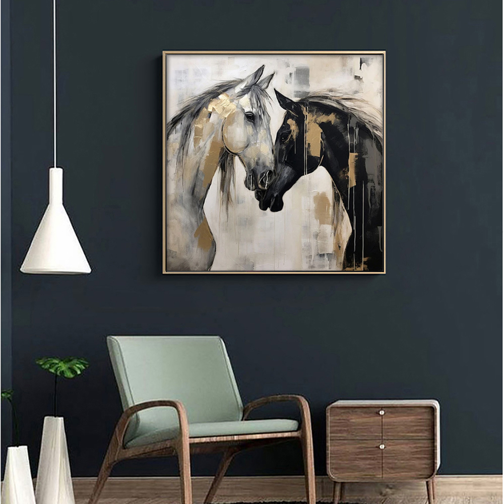 Hand-Painted Abstract Animal Horses Painting Texture Canvas Wall Art Modern Black And White Horses Painting Contemporary Office Decor