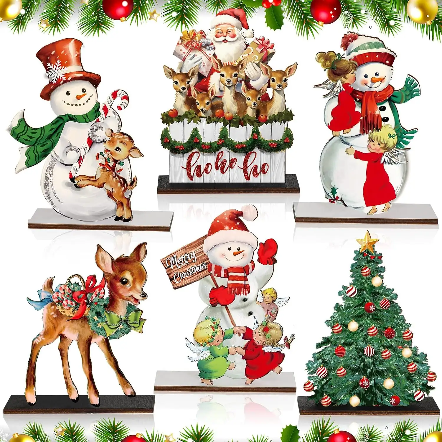 6 Pack Christmas Table Decorations, Wooden Snowman