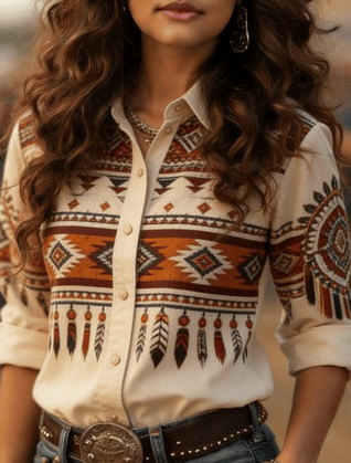 American Western Style Long-sleeved Shirt, Retro Casual Commuter Shirt For Women