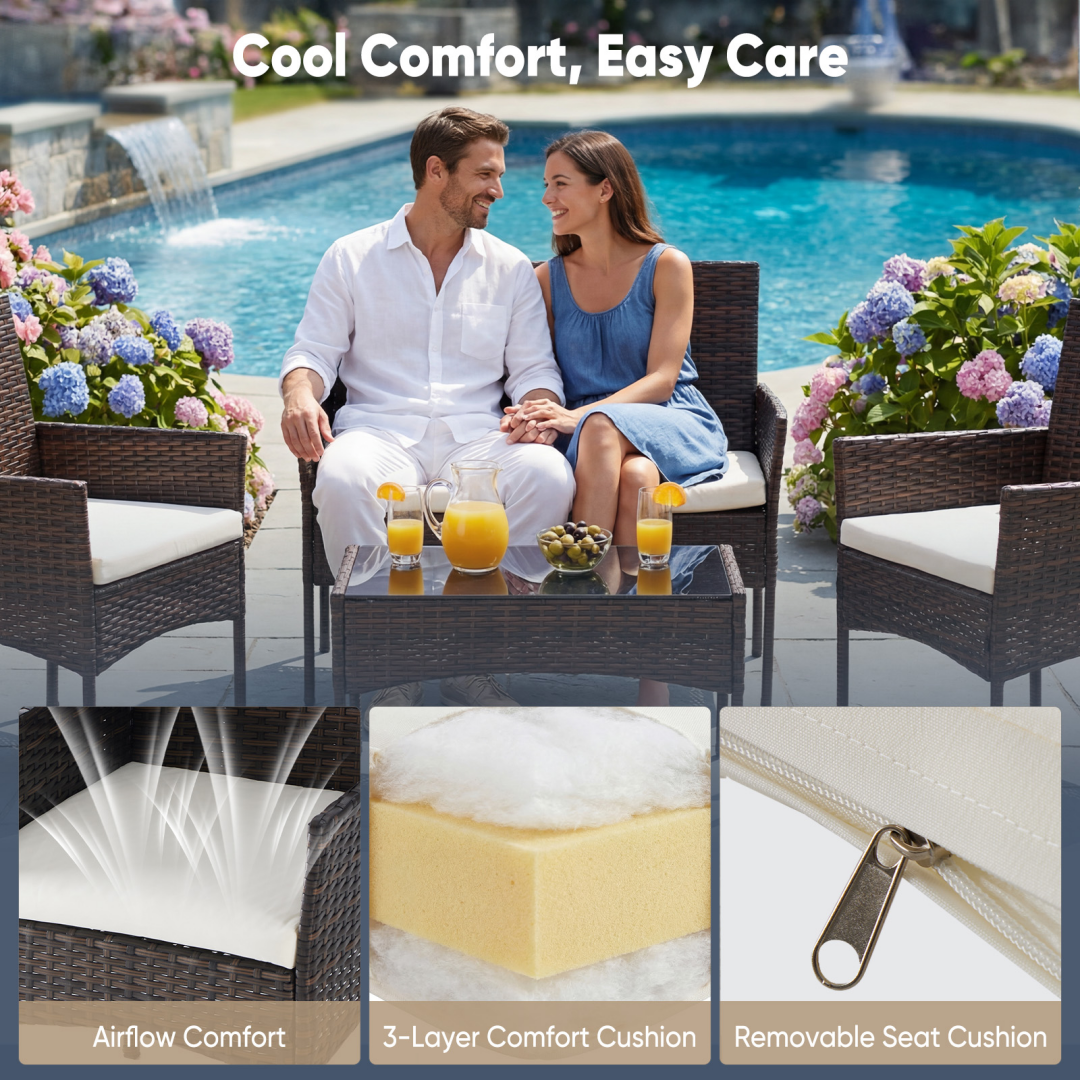 Four-piece Garden Furniture Set, Equipped With Detachable Cushions And Tempered Glass Coffee Table