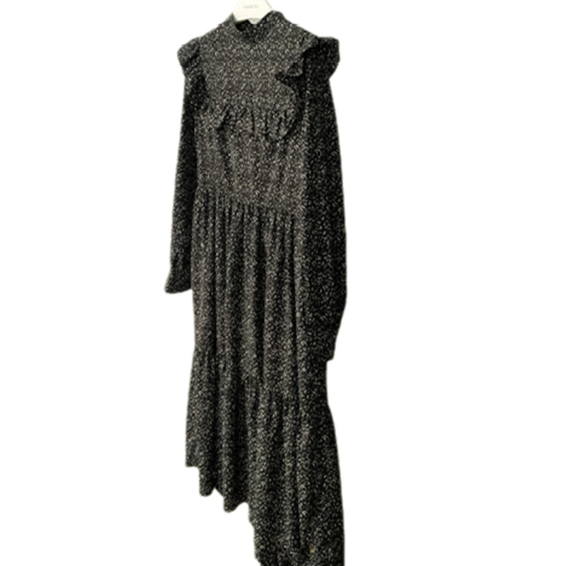 French Floral Dress Women's Waist Stitching Black