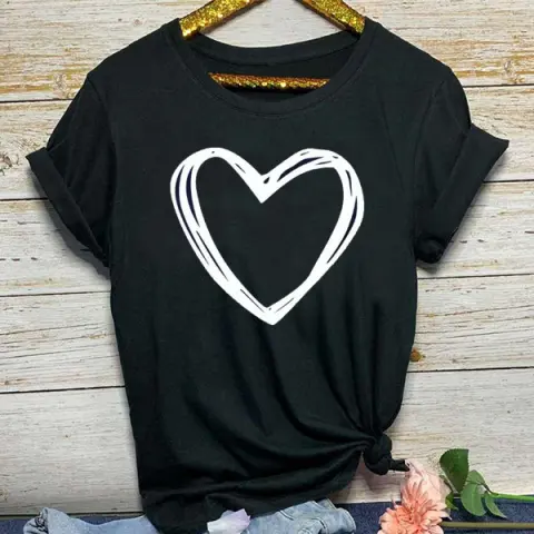 Heart Print T Shirt Women Short Sleeve O Neck