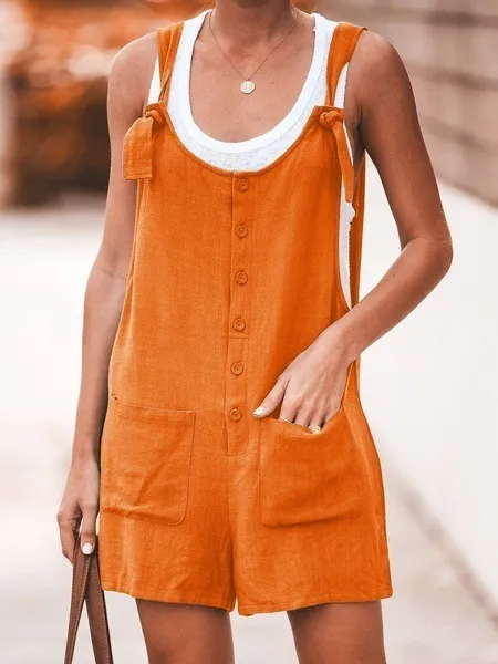Women's Solid Color Patch Pocket Tie Cotton Linen Bib Pants Orange - Shop at LoveMi