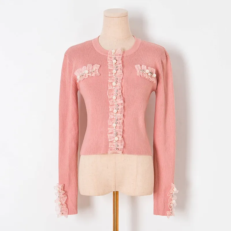 Pit Strip Elastic Slim Lace Nail-beaded Drill Decoration Knitted Sweater Leggings - Pink