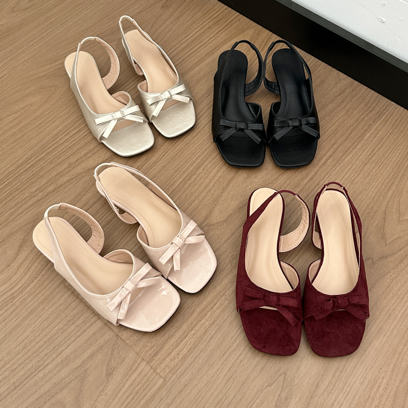Women French Tiny Ribbon Bow Slingback Flat Sandals, Square Open Toe Backless Slip On Minimalist Summer Casual Daily Wedding Mules