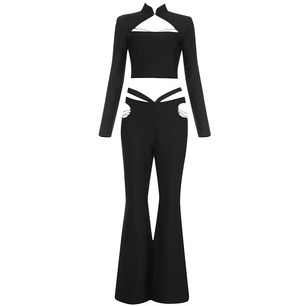 New Cropped Navel Long Sleeve Top High Waist Pearl Trousers Suit