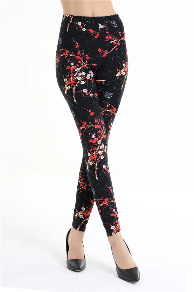 Women Color Brushed Rose Flower Print Leggings Black - Shop at LoveMi