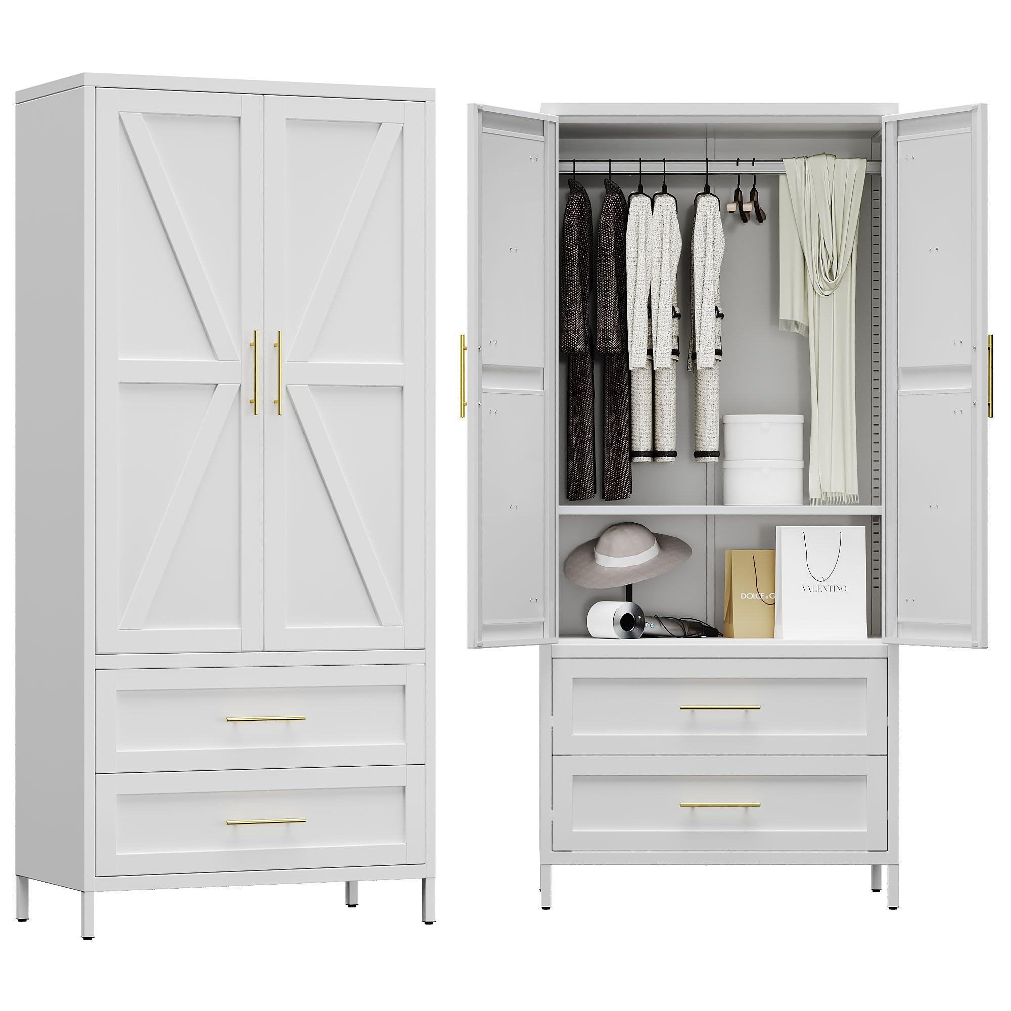 METAN Metal Wardrobe Closet With Doors,Armoire Wardrobe Closet With 2 Drawers For Bedroom,Assembly Required,White