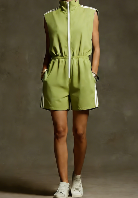 Sleeveless Three Bar Sports Style Jumpsuit Shorts