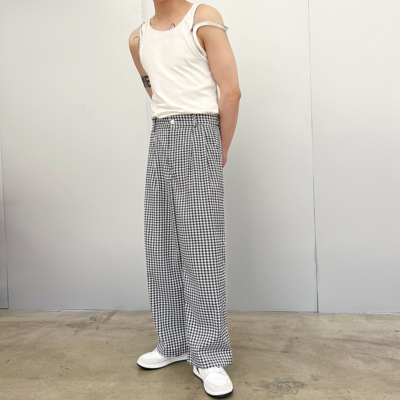 Casual Wide Leg Pants INS Men's Houndstooth Trousers All Match