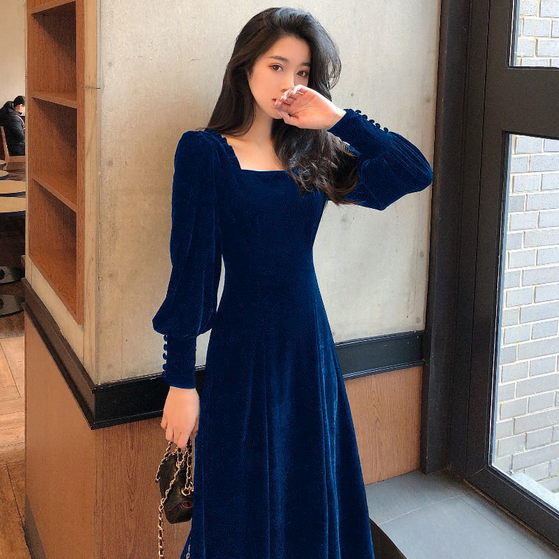 Gold Velvet Women's Slim Square Neck Hepburn Style Autumn And Winter Long Dress Blue - Shop at LoveMi