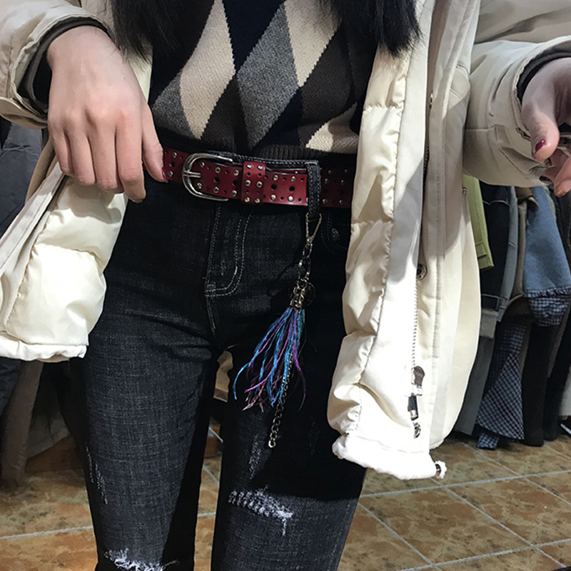 Women's Real Cowhide Trousers Belt With Punk Rivets European And American Style