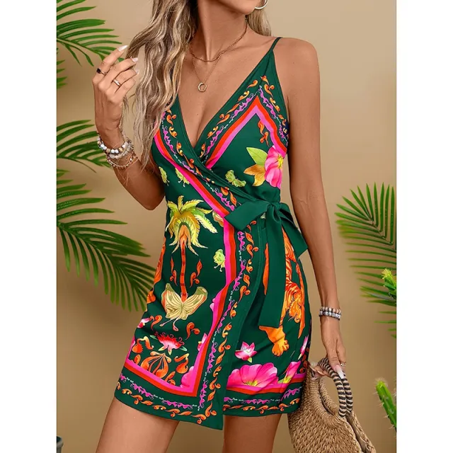 Women Spaghetti Strap Summer Dress V Neck Wrap Waist Tie Casual Beach Sundress Holiday Vacation Mini Dress Dark Green - Shop at LoveMi