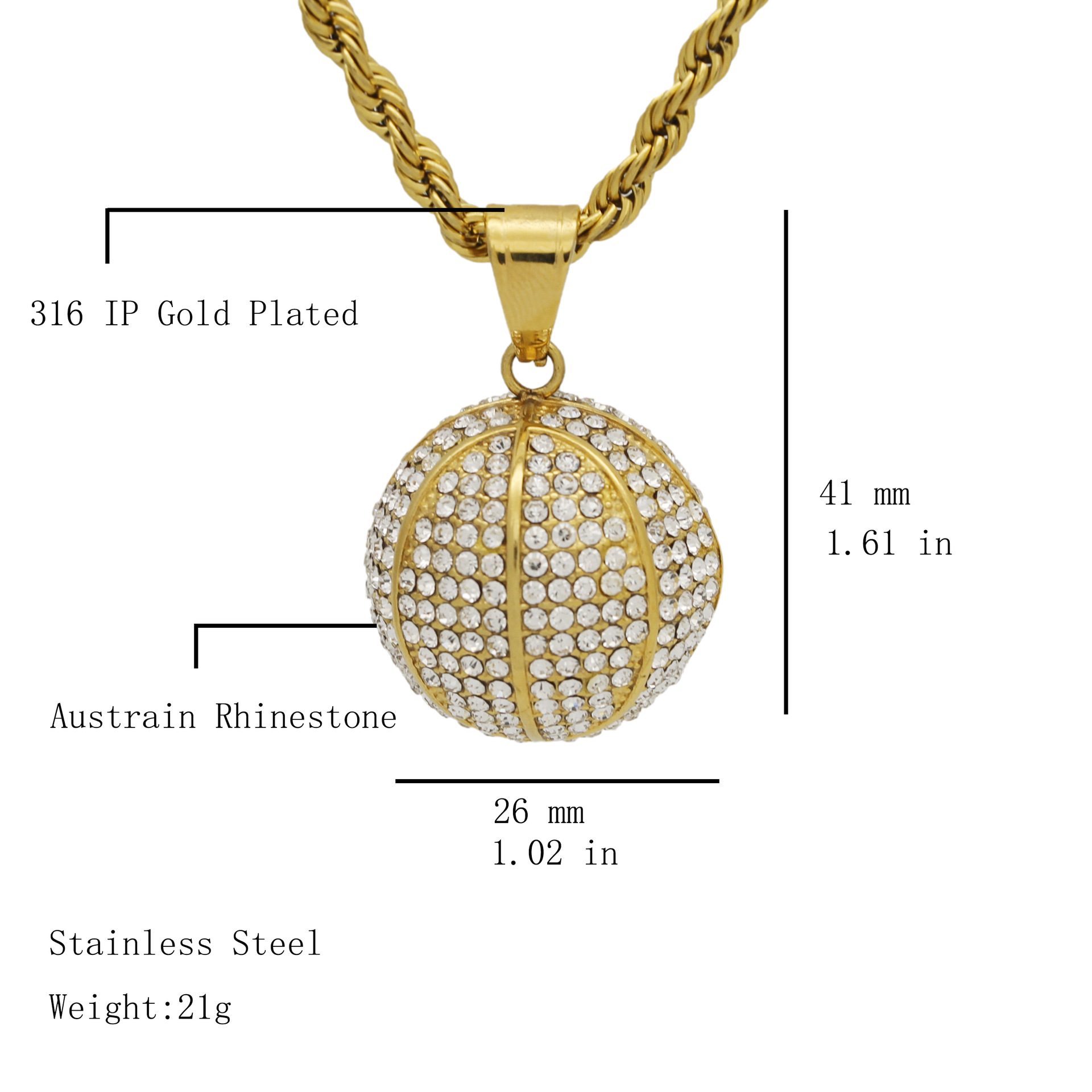 Titanium Steel Gold-plated Diamond 3D Three-dimensional Basketball Pendant