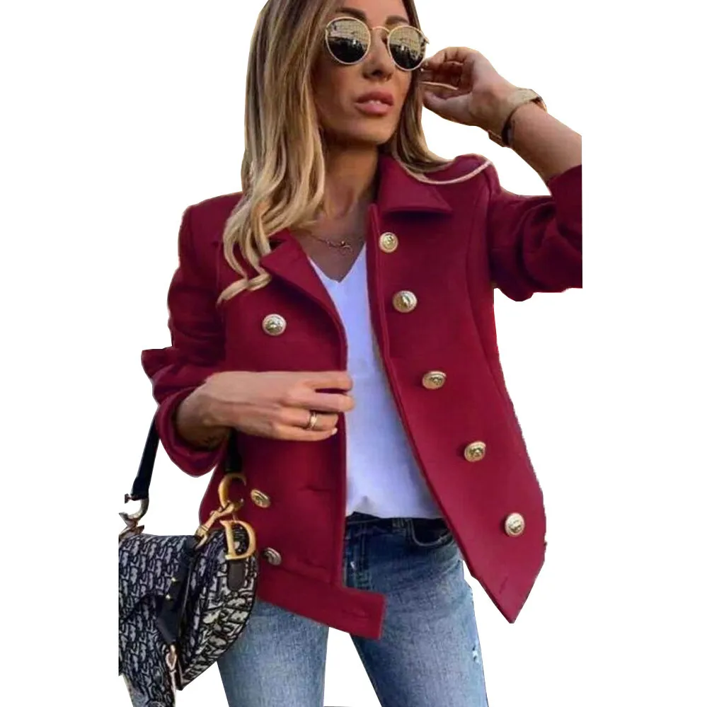 Autumn And Winter Slim Long-sleeved Double-breasted Suit Collar Woolen Coat - Wine