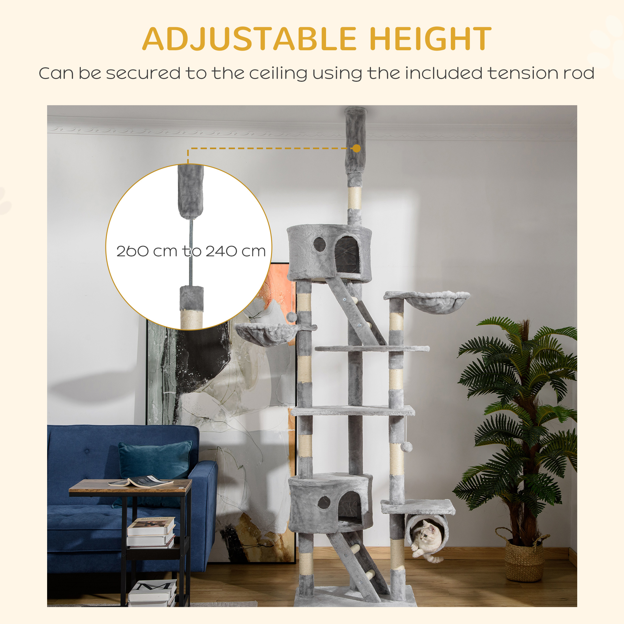 Indoor Cat Specific Floor Standing Tree, Adjustable Height, 240-260 Cm - Light — image 2