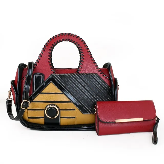 Women's Patchwork House Pattern Handbag One Shoulder Crossbody Briefcase Red - Shop at LoveMi