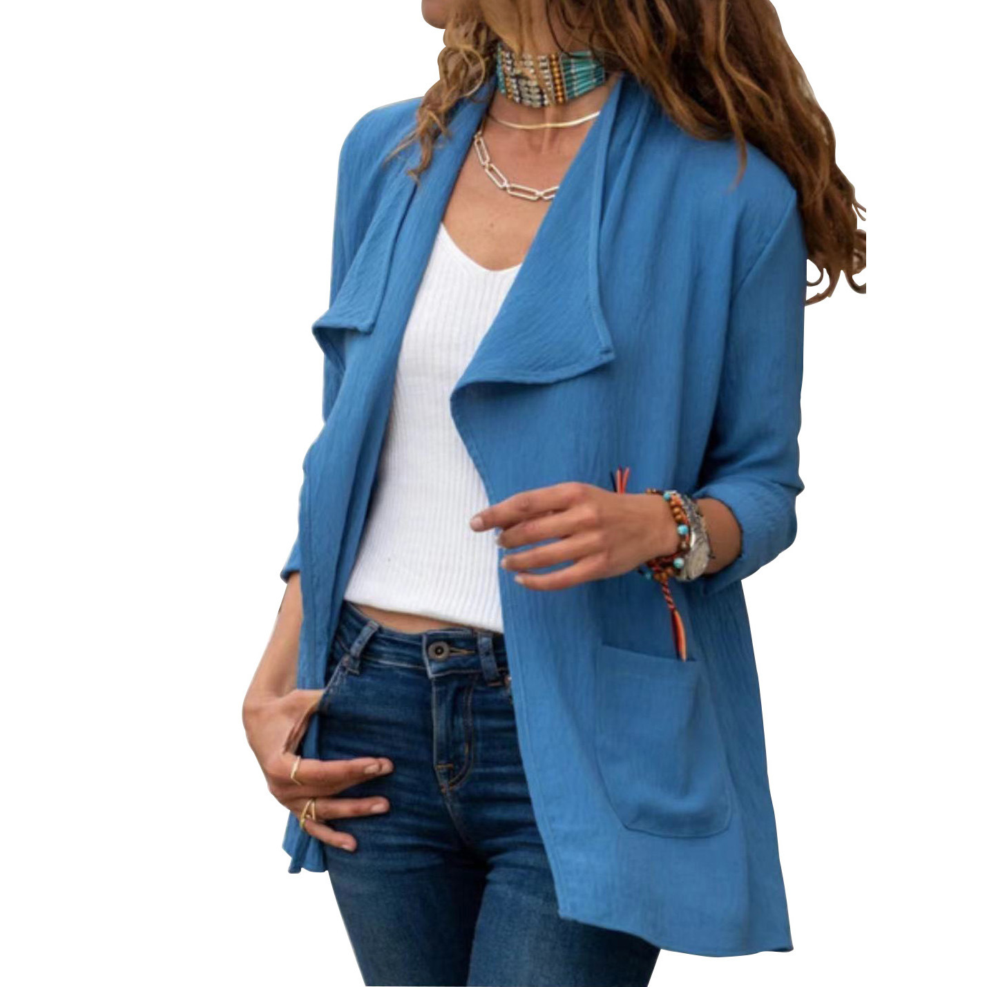 Women's Solid Color Long sleeved Short Windbreaker Casual All match Cardigan Jacket Blue - Shop at LoveMi