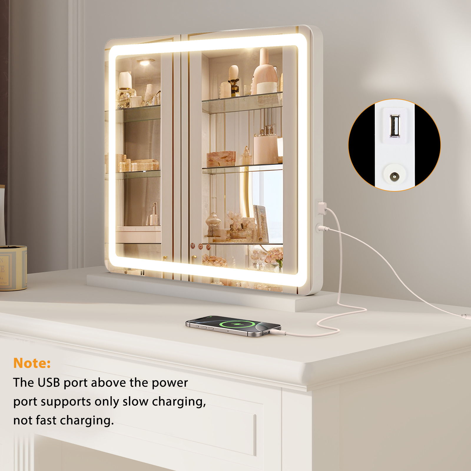 Vanity Mirror With Lights, LED Makeup Mirror With Dimmable 3 Color Modes, Touch Screen Control Vanity Based Mirror Desk Mirror Square White — foto 12