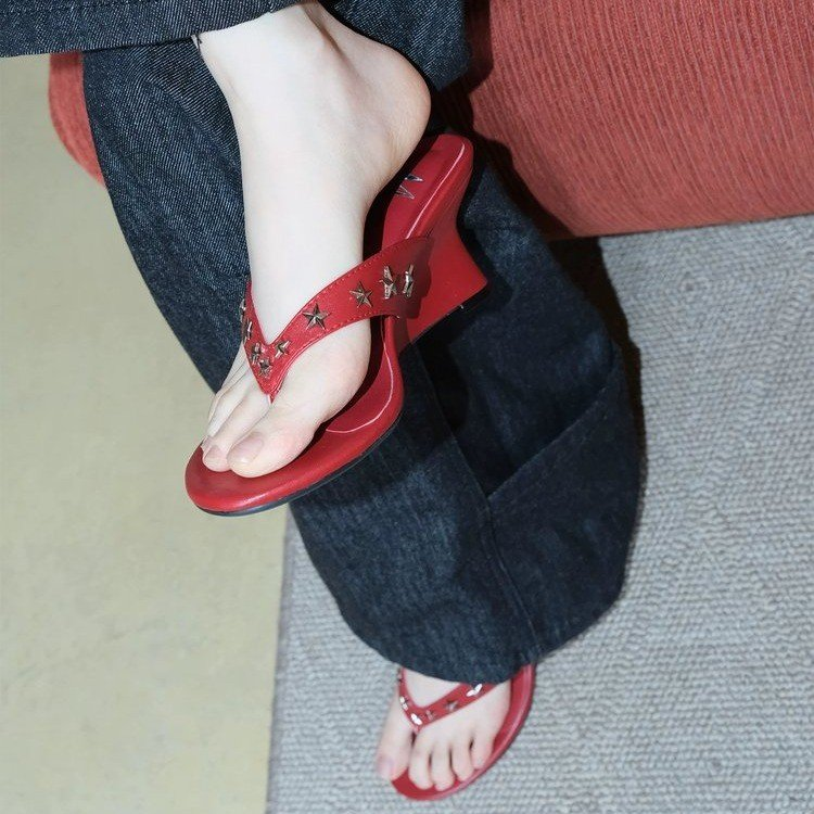 2026 Summer New Star Studded Wedge Flip-flops, French Retro Style Open-toe Slippers For Women