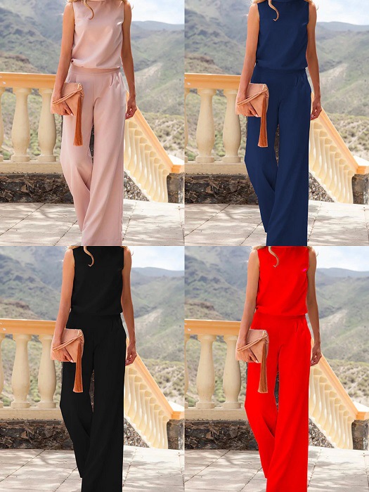 Title 7, Fashion Solid Color Sleeveless Loose Jumpsuit