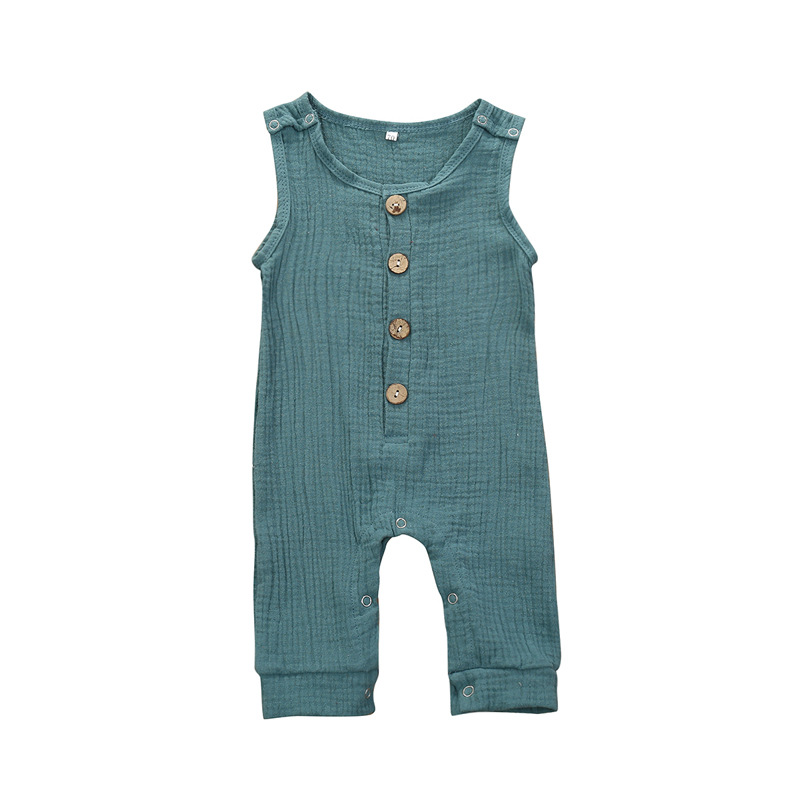 بذلة أطفال قطن وكتان بلون موحد مع أزرار ملونة للصيف