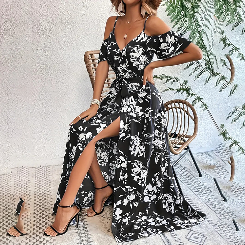 NEW Women's Floral Maxi Dress - Cold Shoulder Split Belted A-Line Summer Long Dr - Picture 6 of 10