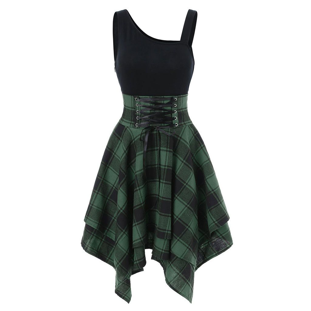 Fashion Plaid Suspender Elastic Waist Irregular Plaid Dress Green - Shop at LoveMi