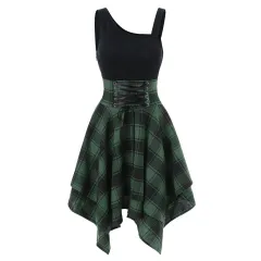 Fashion Plaid Suspender Elastic Waist Irregular Plaid Dress - Green - View 1
