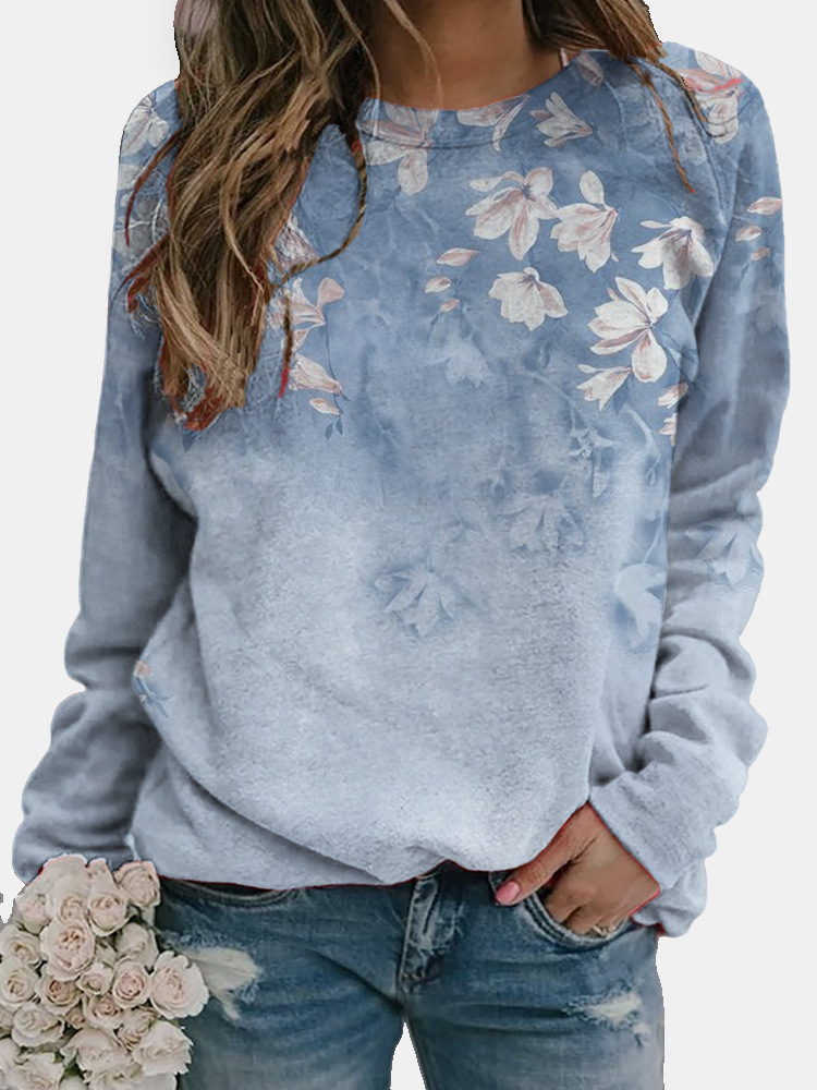 Loose Round Neck Floral Element Colorful 3D Digital Print Sweatshirt Light Blue - Shop at LoveMi