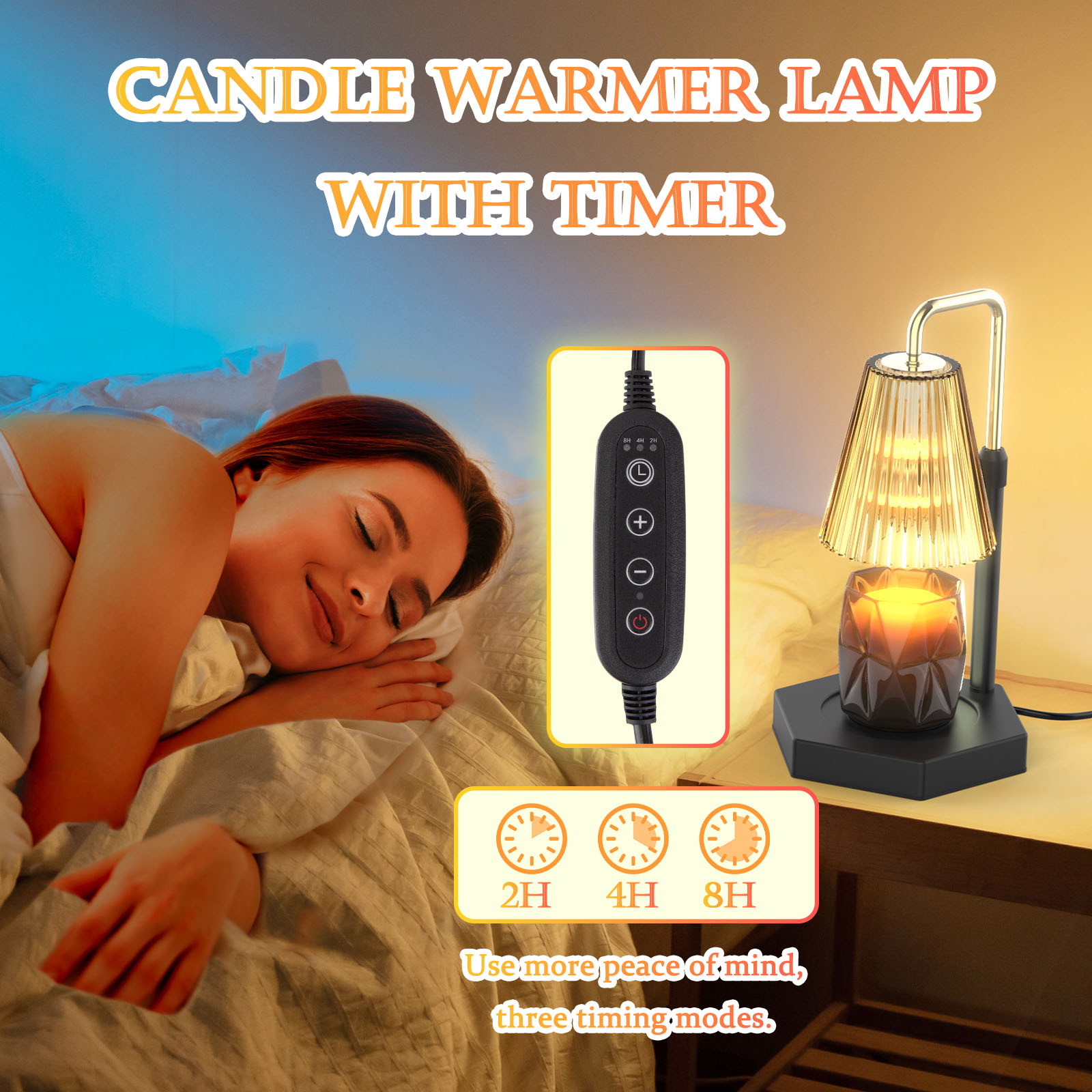 Dimmable Candle Warmer Lamp with Timer. Retro-style Candle Warmer Lamp: Our candle warmer lamp has a combination of amber glass shade and black wooden base, uniquely designed hexagonal base to add an artistic touch and can decorate your room well.( Candle