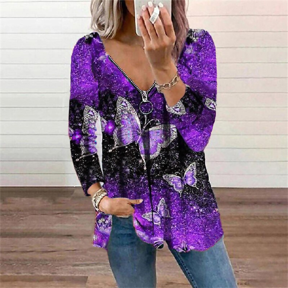 Title 5, Butterfly Print V Neck Long Sleeve Loose Casual...