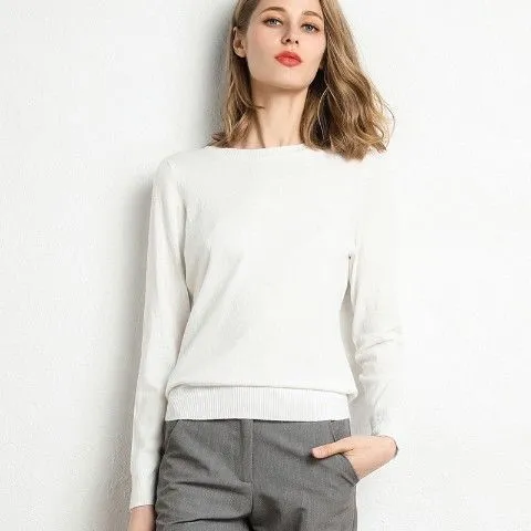 New Sweater Women Knitted Sweater Round Neck Bottoming Shirt White - Shop at LoveMi