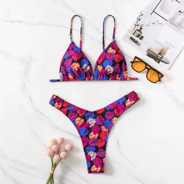 Bikini Piece Set European And American Ins Backless Printed Swimsuit Blue - Shop at LoveMi